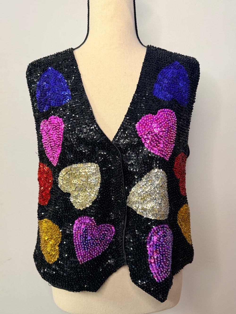 Black Sequin Heart Vest with Multicolor Hearts